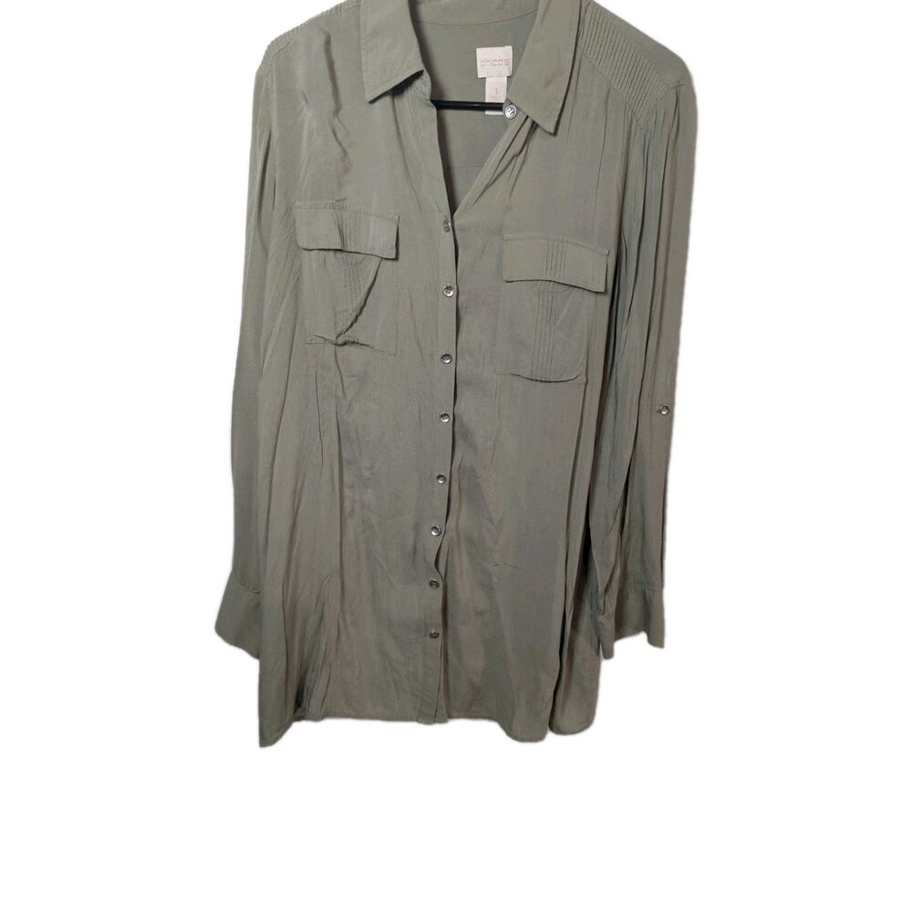 Chico’s Blouse Top Tunic Button Up Shirt Size Medium 1 Sage Green Preppy Casual